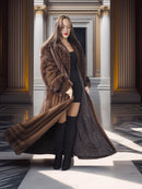 Woman wearing a long brown fur coat in an elegant interior setting