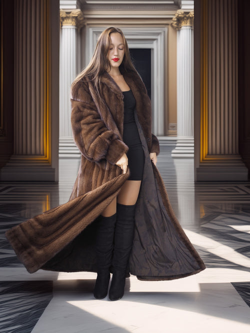 Woman wearing a long brown fur coat in an elegant interior setting