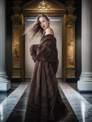 Woman in a brown fur coat standing in an elegant interior setting with classical architecture.