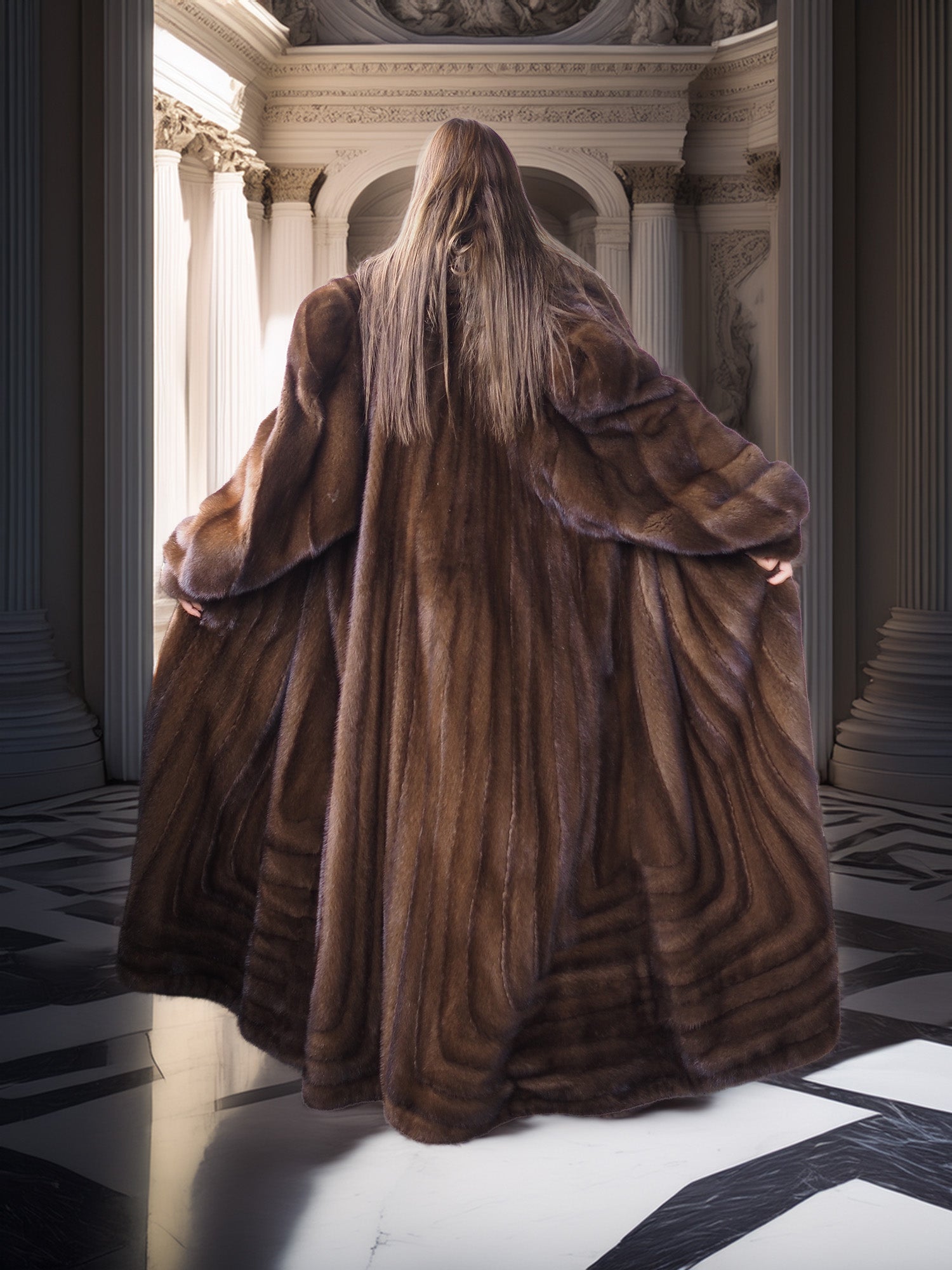 Person wearing a fur coat walking through an elegant interior setting