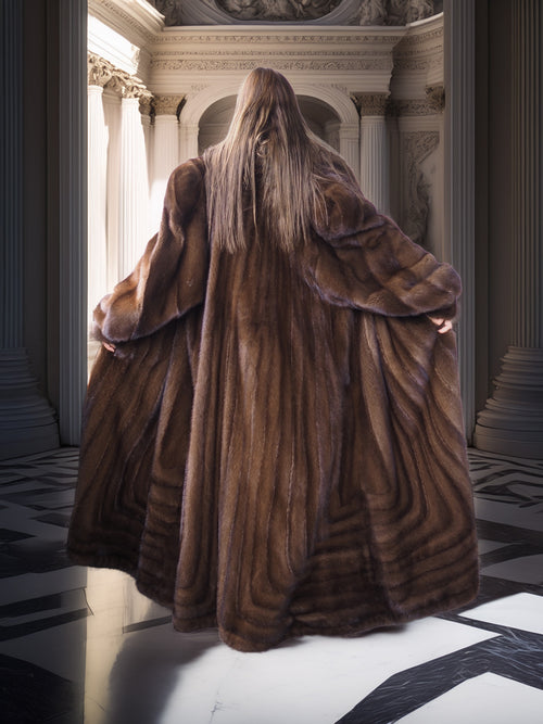 Person wearing a fur coat walking through an elegant interior setting