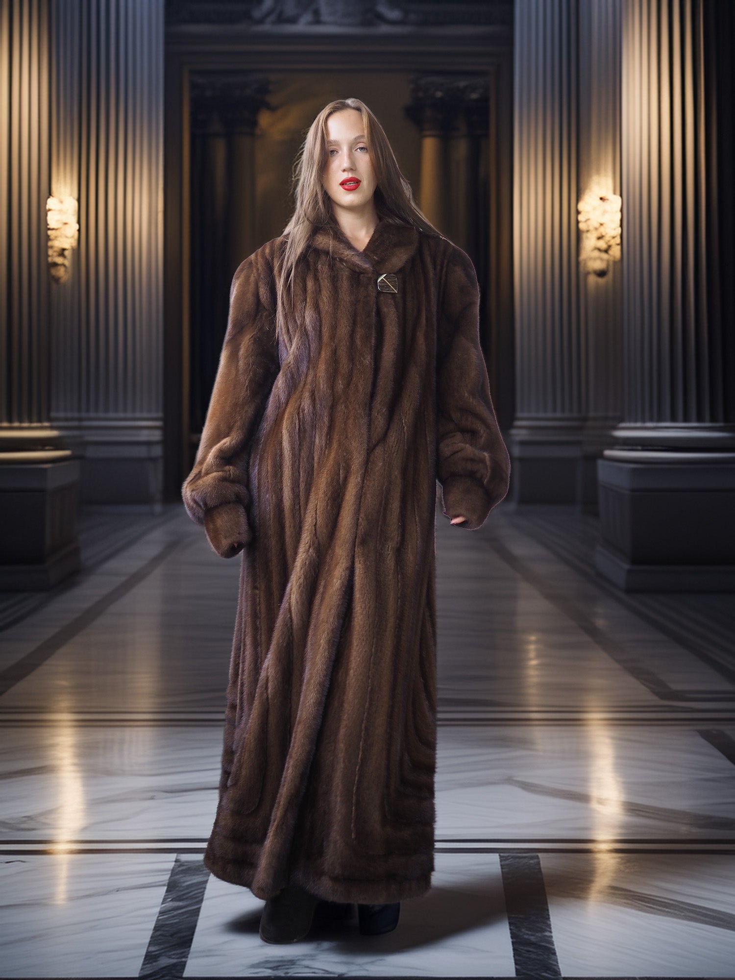 Woman wearing a long brown fur coat in an elegant interior setting