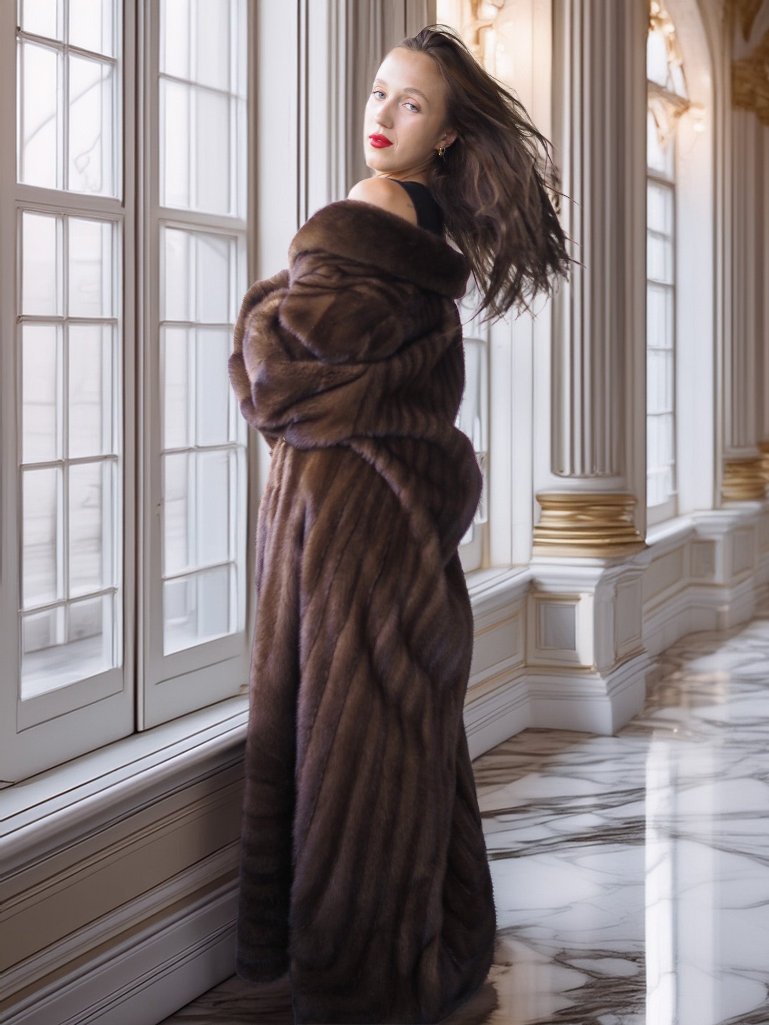 Woman wearing a fur coat in a luxurious room with marble floors and large windows.