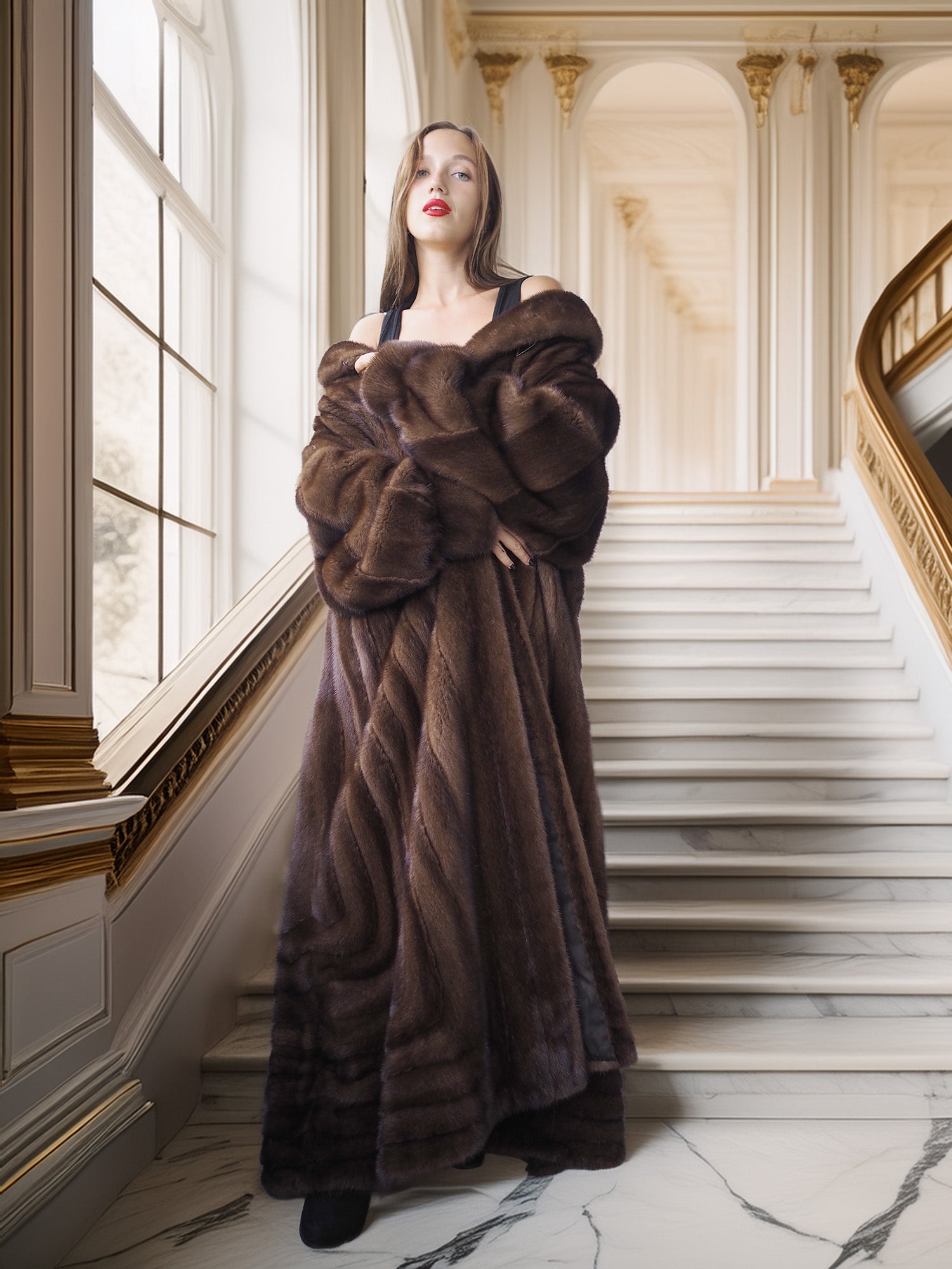 Woman in a fur coat standing in a grand staircase with large windows.