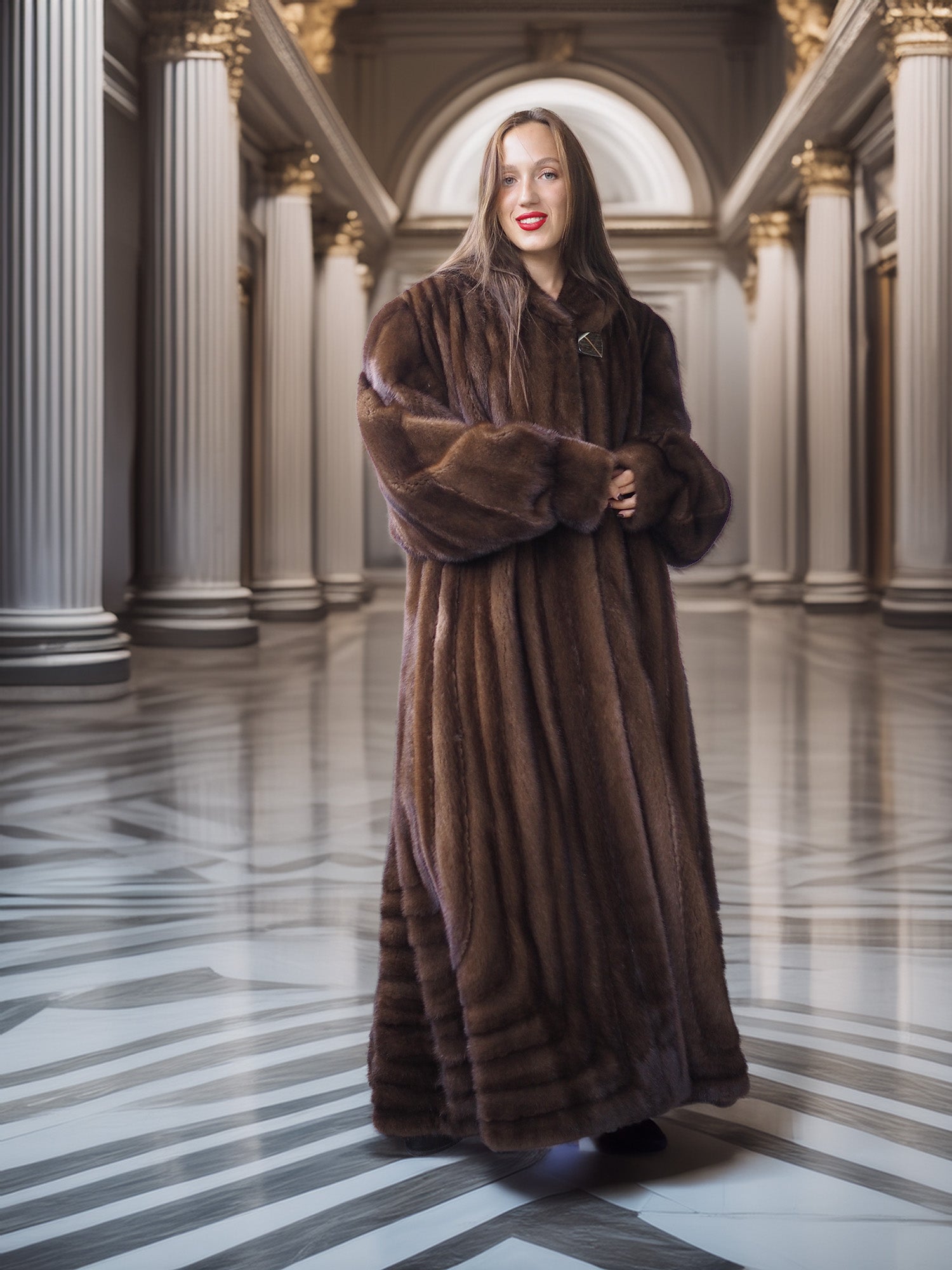 Woman in a long brown fur coat standing in an elegant hallway with columns.
