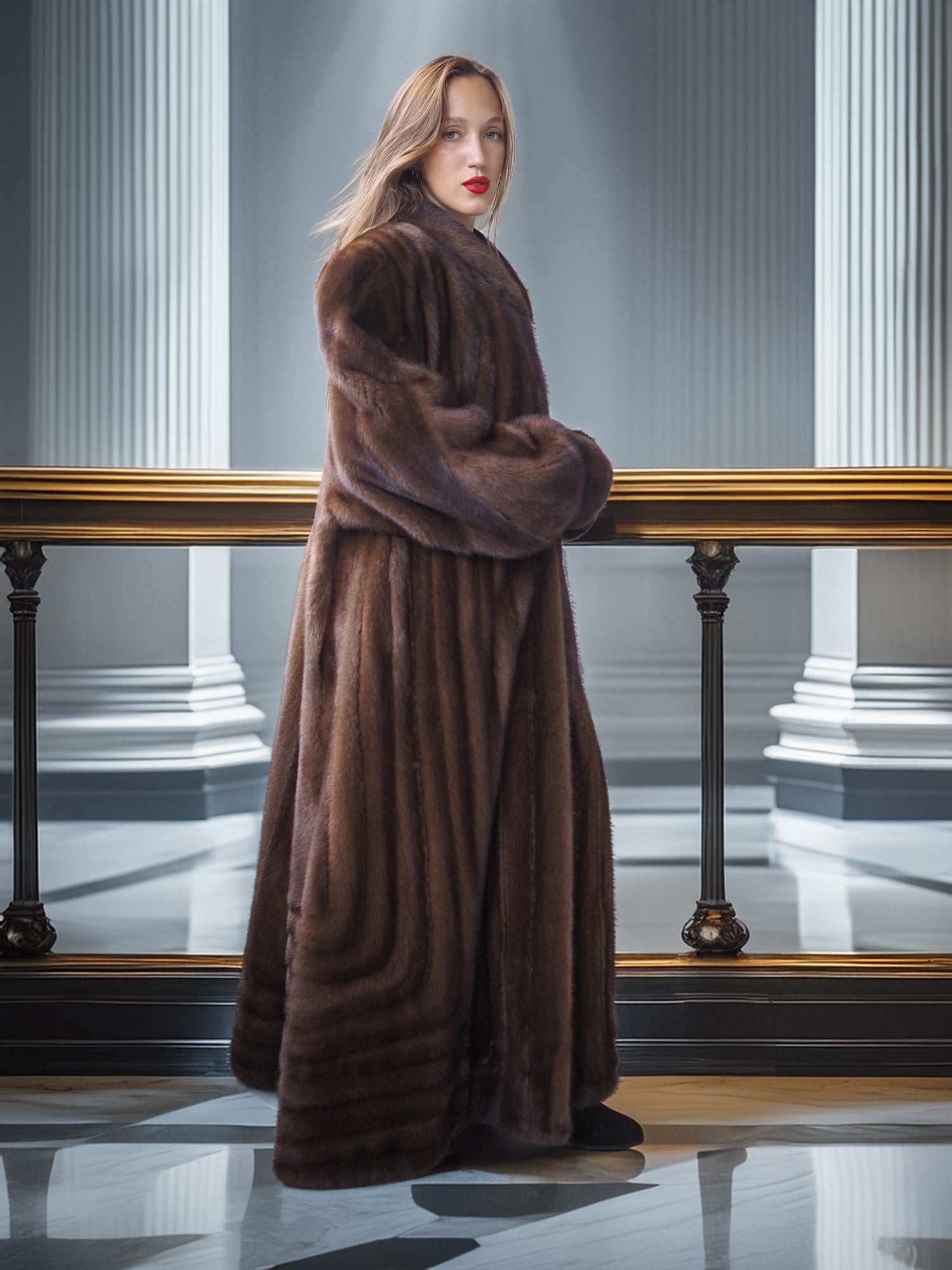 Woman wearing a long brown fur coat in an elegant interior setting with columns.
