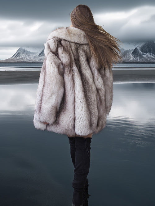 Person wearing a fur coat standing on a reflective surface with mountains in the background