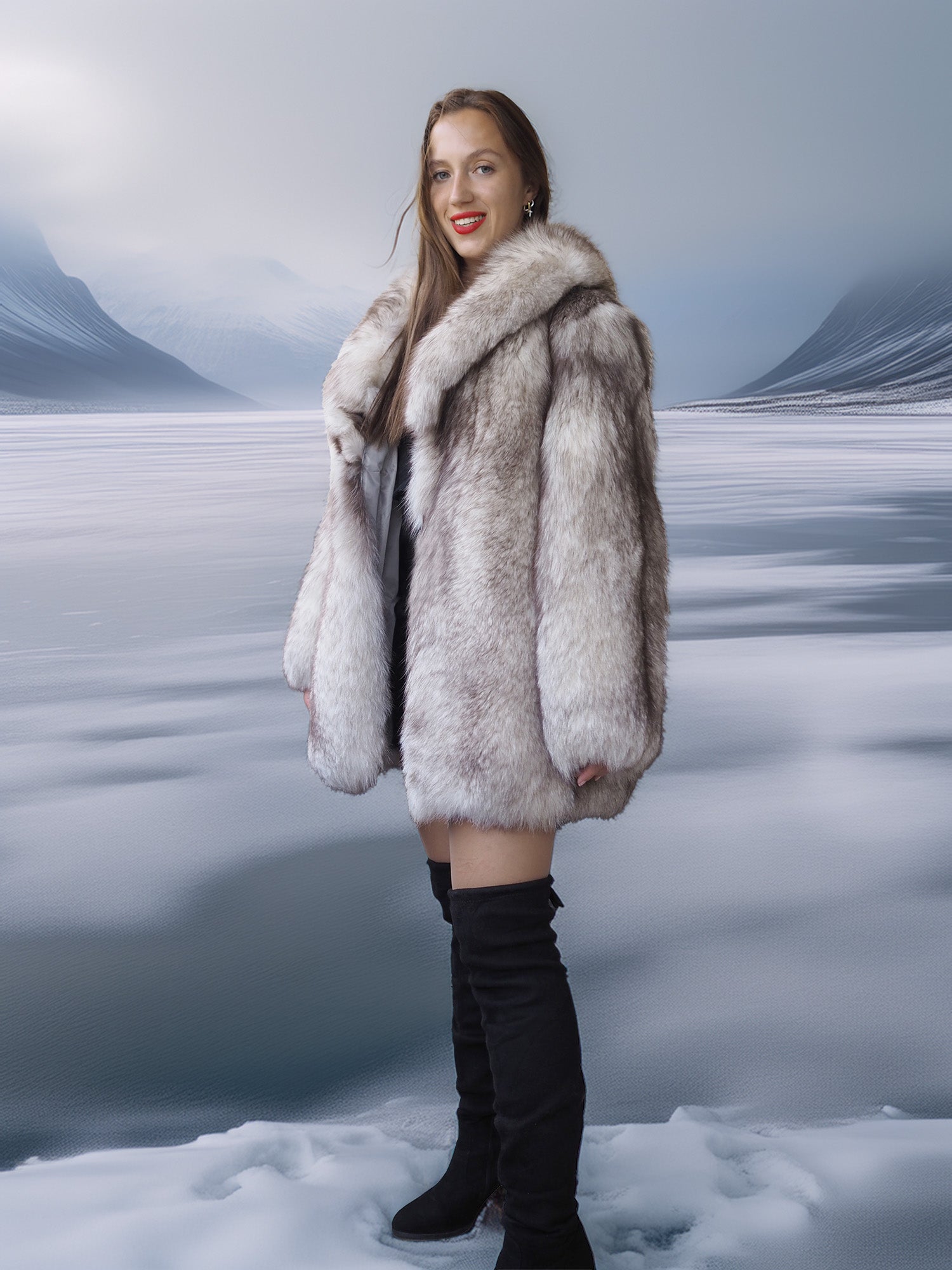 Woman wearing a fur coat standing in a snowy landscape