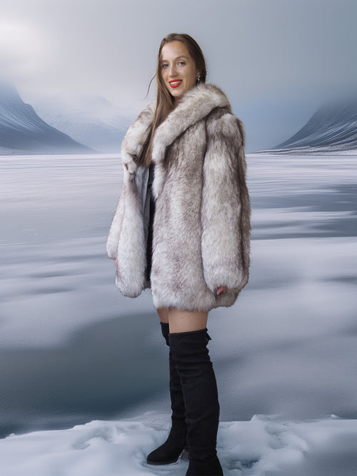 Woman wearing a fur coat standing in a snowy landscape