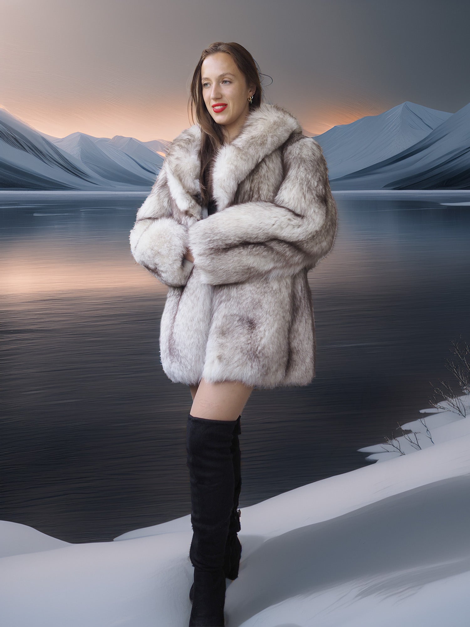 Woman in a fur coat standing in a snowy landscape with mountains in the background