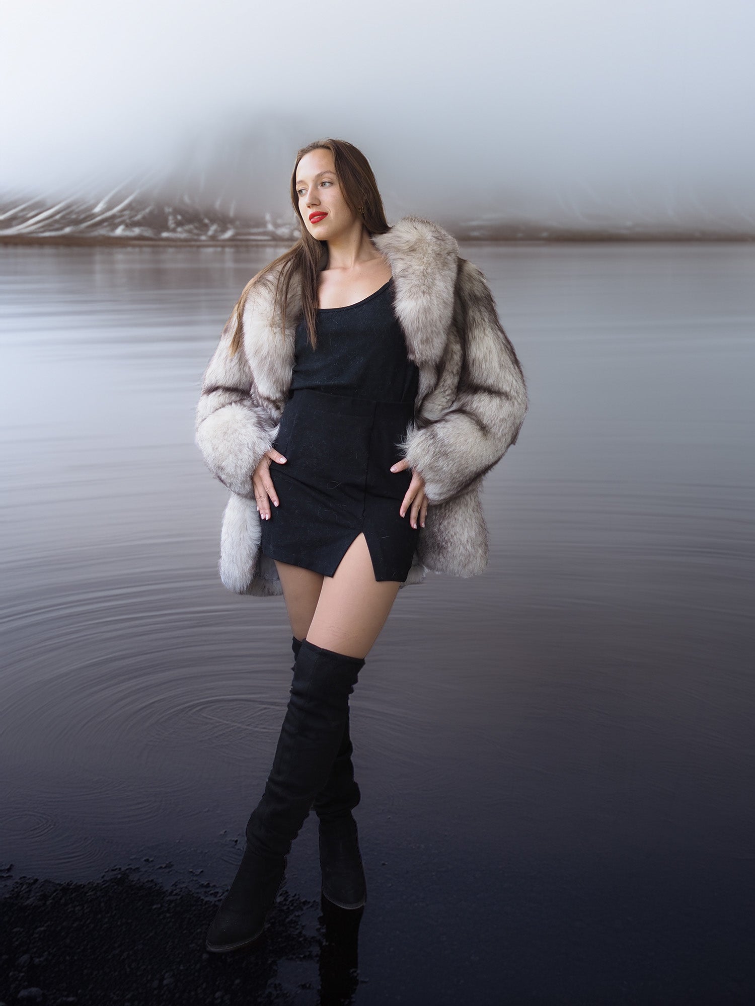 "Glacier Nocturne" – Dramatic Blue Fox Fur Coat with Sculptural Collar & Arctic Flair