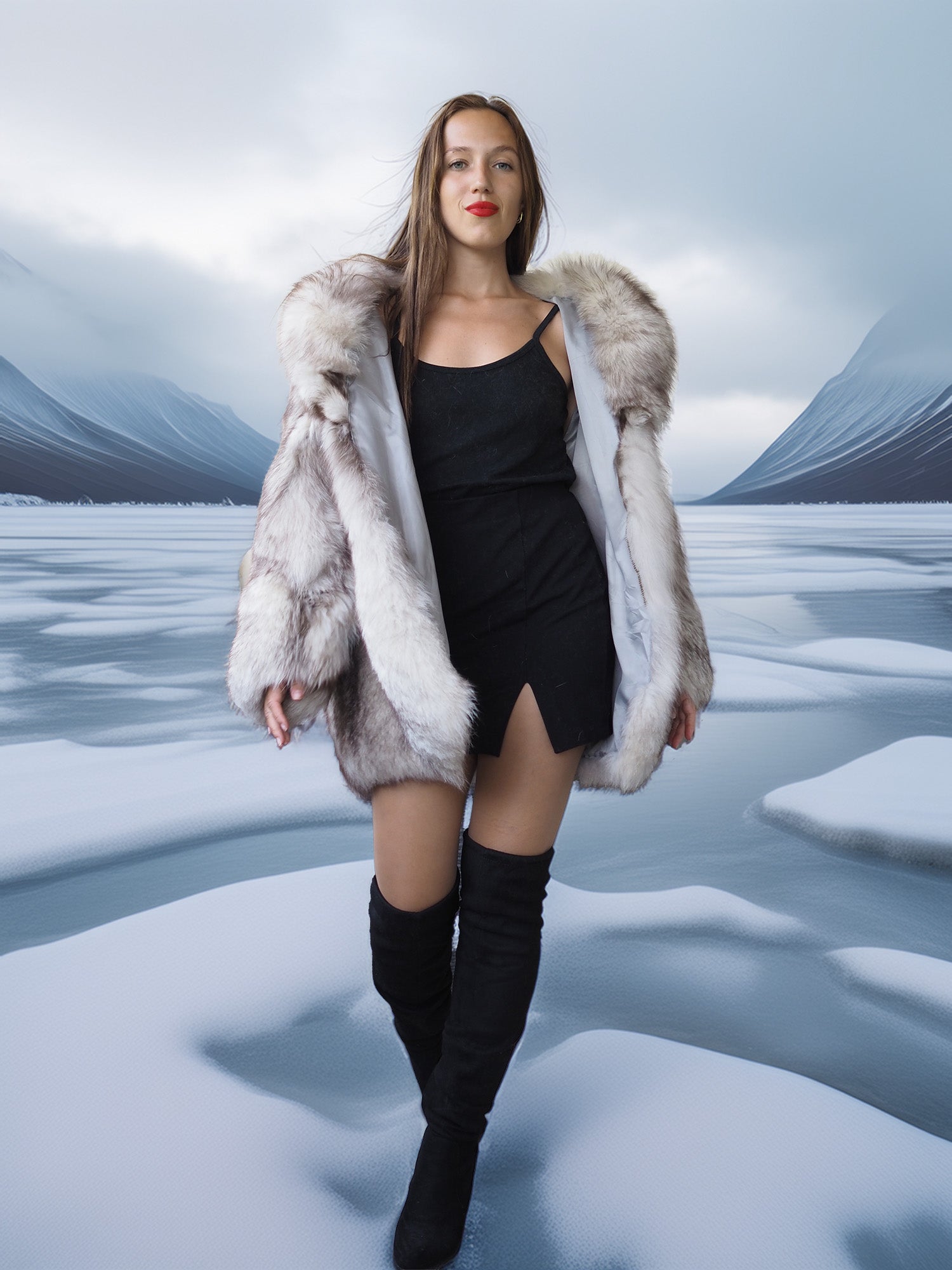 Woman in a fur coat and black dress standing in a snowy landscape