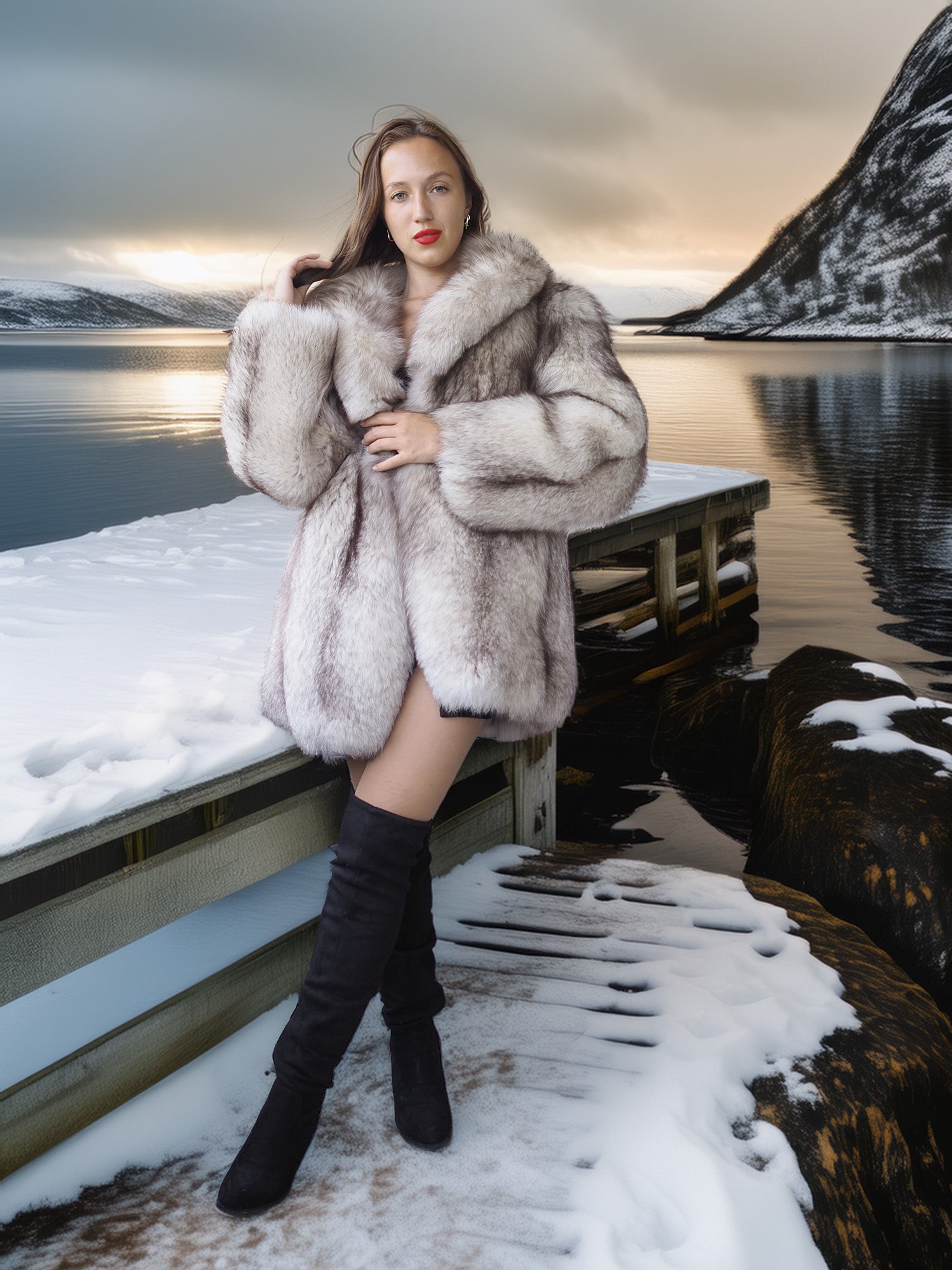 Woman in a fur coat standing on a snowy dock with mountains in the background
