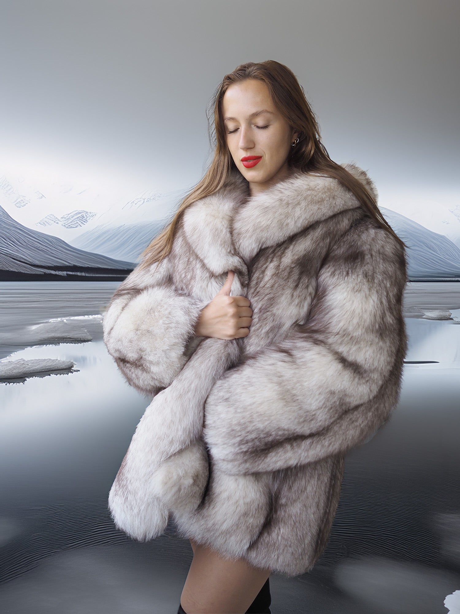 Woman wearing a fur coat with a mountainous landscape in the background