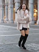 Model laughing in Brown Cross Mink Fur Coat Jacket S with Blush Fox Trim, showing its cozy fit and luxurious fur for winter elegance.