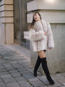 Model walking in Brown Cross Mink Fur Coat Jacket S with Blush Fox Trim, showcasing its plush texture and fashionable winter appeal.