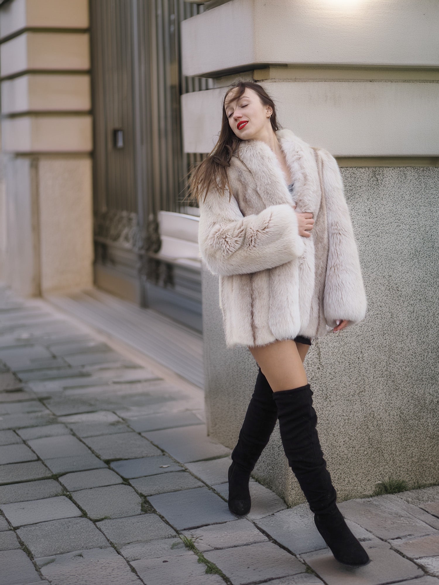 Model walking in Brown Cross Mink Fur Coat Jacket S with Blush Fox Trim, showcasing its plush texture and fashionable winter appeal.