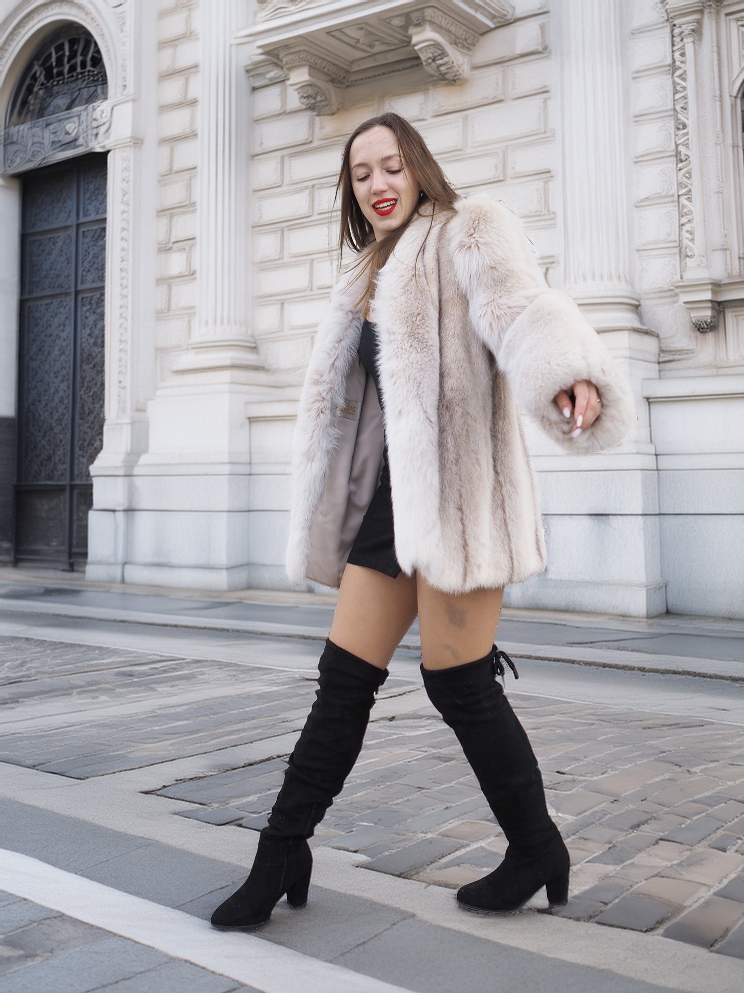 Walking model in Brown Cross Mink Fur Coat Jacket S with Blush Fox Trim, styled with thigh-high boots for a modern luxury streetwear look.