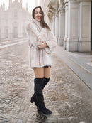 Model posing in Brown Cross Mink Fur Coat Jacket S with Blush Fox Trim, emphasizing its plush feel and stylish fit for luxury outerwear collections.