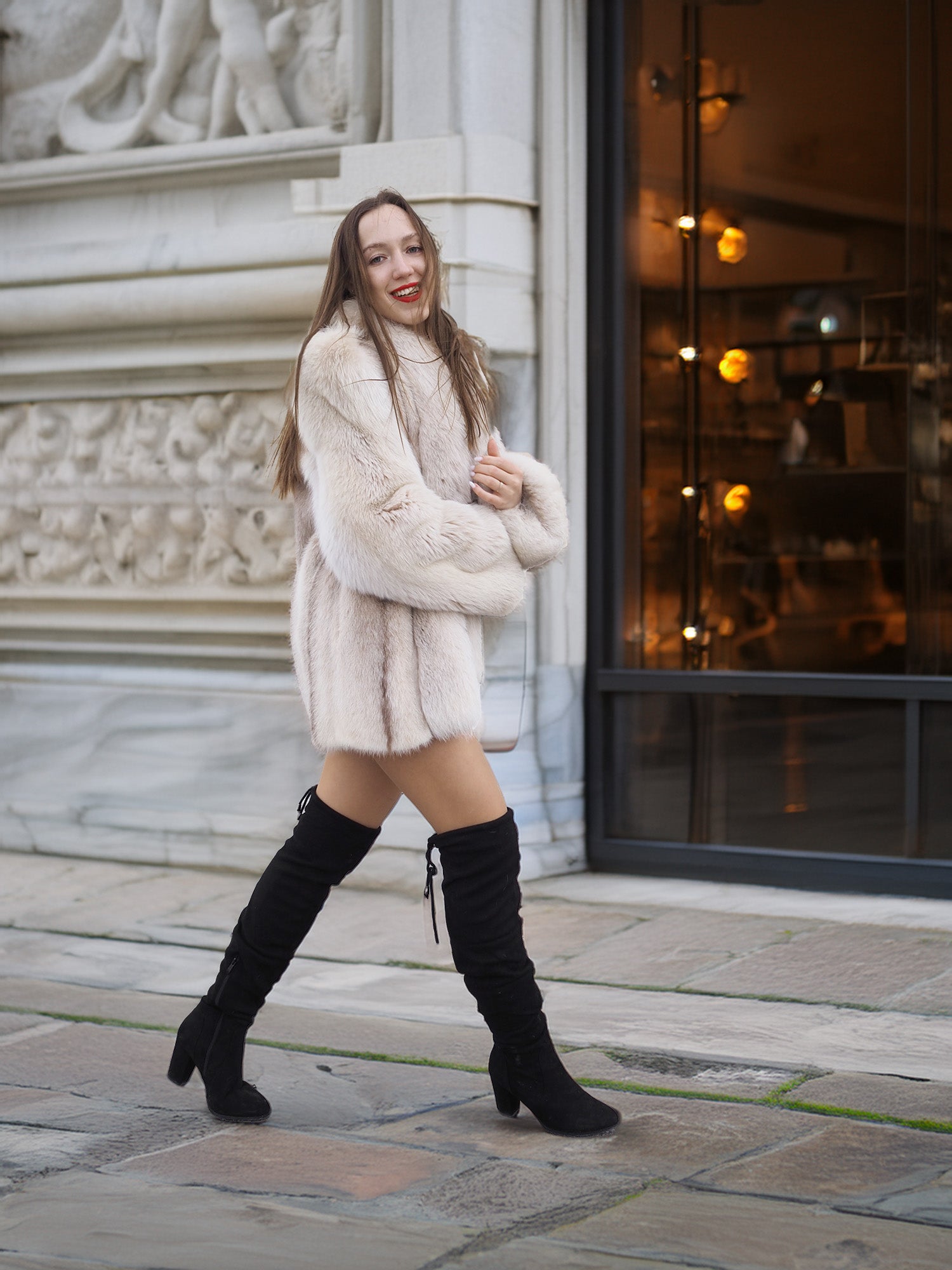 Model walking in Brown Cross Mink Fur Coat Jacket S with Blush Fox Trim, showcasing its elegant cut and plush fur for luxury outerwear.