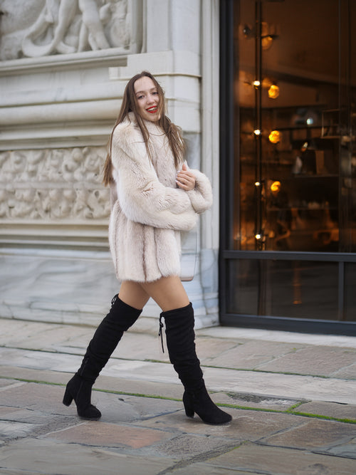 Model walking in Brown Cross Mink Fur Coat Jacket S with Blush Fox Trim, showcasing its elegant cut and plush fur for luxury outerwear.