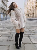 Brown Cross Mink Fur Coat Jacket S with Blush Fox Trim styled in urban setting, highlighting its premium fur and fashionable winter design.