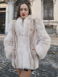 Brown Cross Mink Fur Coat Jacket S With Blush Fox Trim