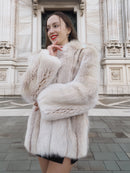 Smiling model in Brown Cross Mink Fur Coat Jacket S with Blush Fox Trim, featuring soft natural fur and elegant tailoring for chic winter styling.