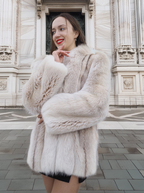 Smiling model in Brown Cross Mink Fur Coat Jacket S with Blush Fox Trim, featuring soft natural fur and elegant tailoring for chic winter styling.
