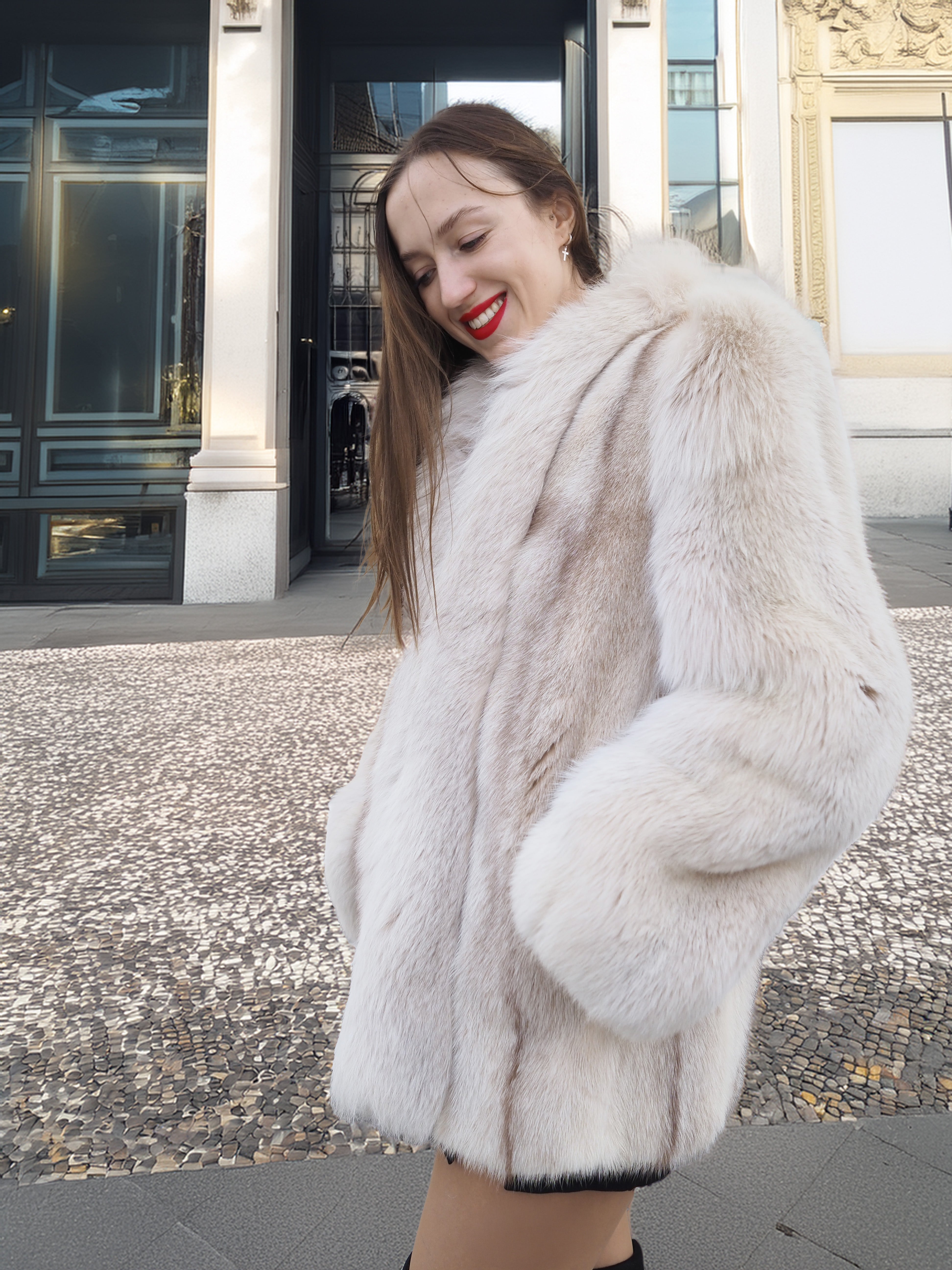 Side profile of Brown Cross Mink Fur Coat Jacket S with Blush Fox Trim highlighting rich mink texture and cozy fit, ideal for upscale winter looks.