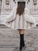 Back view of Brown Cross Mink Fur Coat Jacket S with Blush Fox Trim showing voluminous silhouette and soft natural fur, perfect for elegant streetwear.