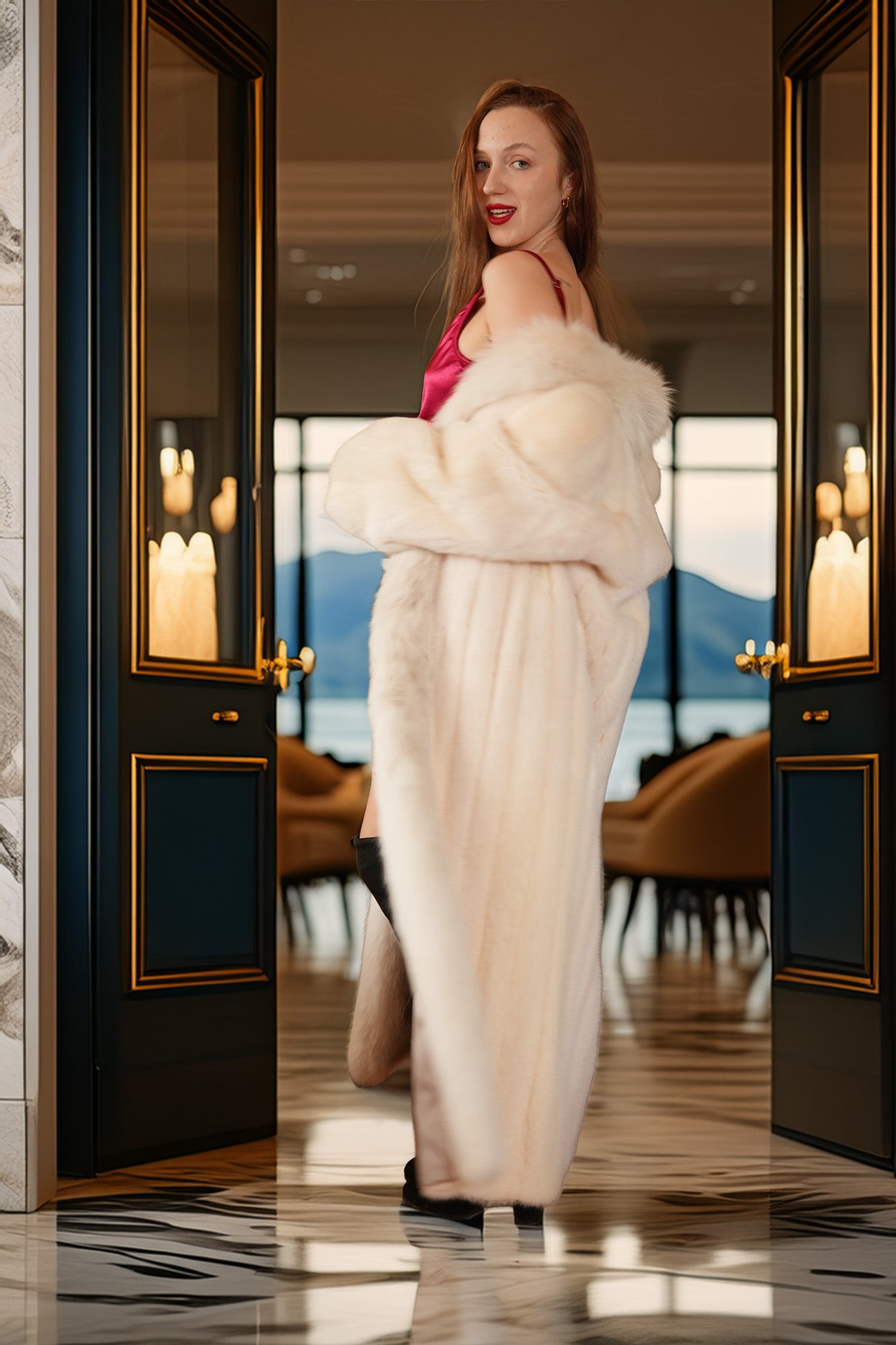 Woman in a white fur coat standing in a luxurious interior setting with candles and elegant decor.