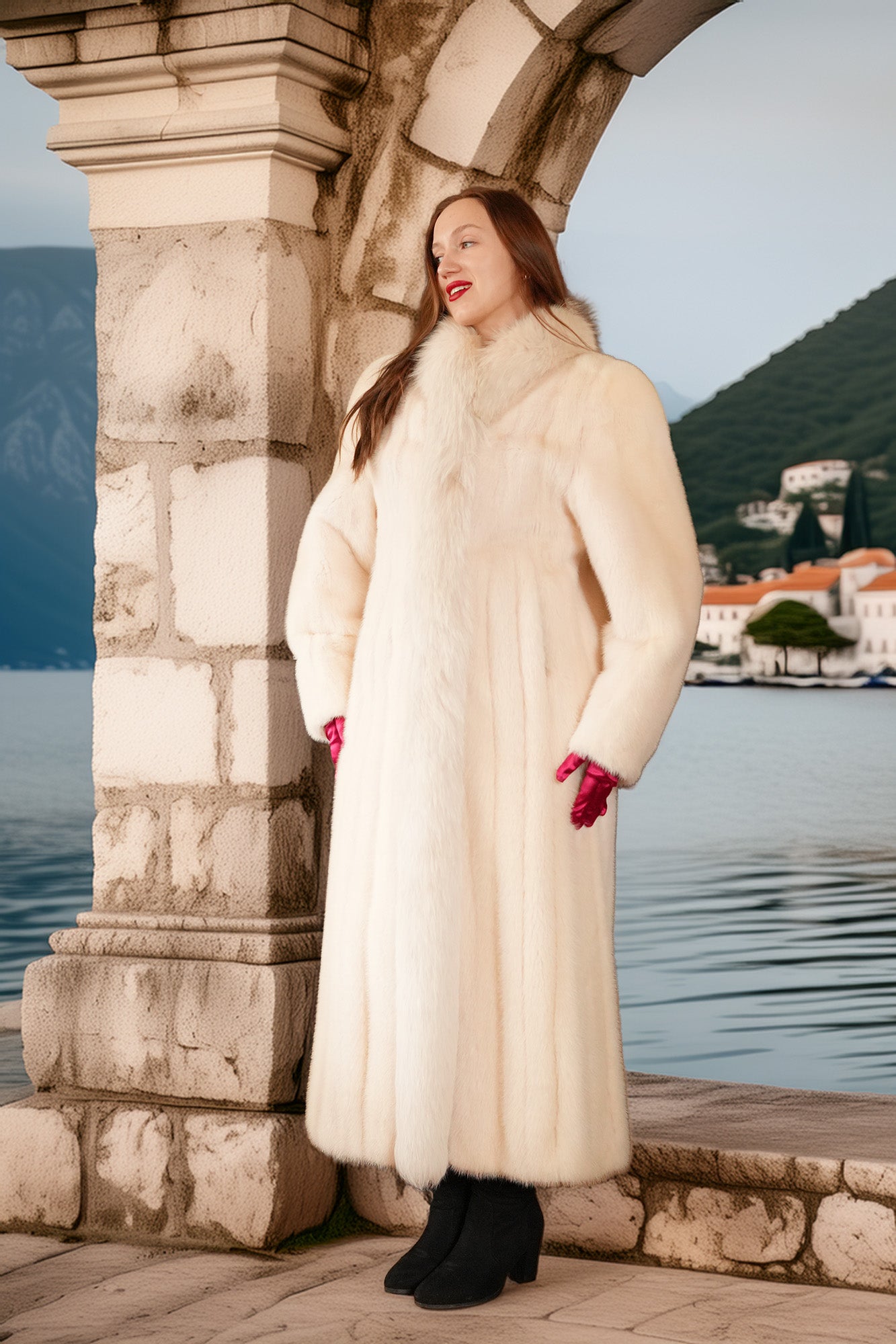 Woman in a long white coat standing by a stone arch with a scenic background.