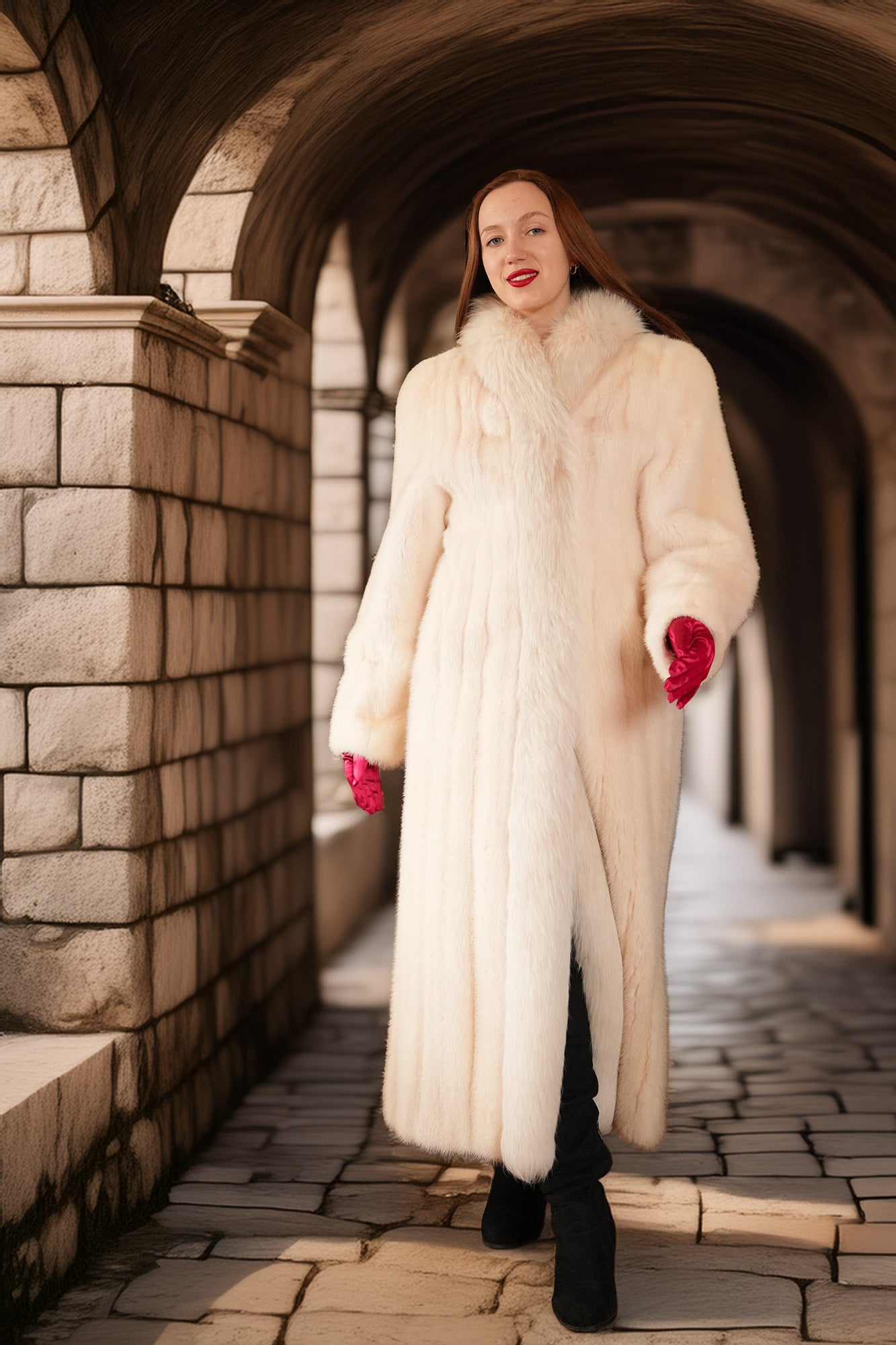 Woman in a long white fur coat standing in an archway.