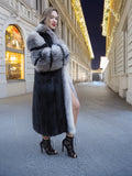 Black Mink Coat With Indigo fox Sleeves And Collar M/L