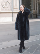 Luxury Sheard Deep Emerald Green Mink Fur Coat M Excellent worn in urban setting, highlighting plush texture and elegant silhouette for winter outerwear.