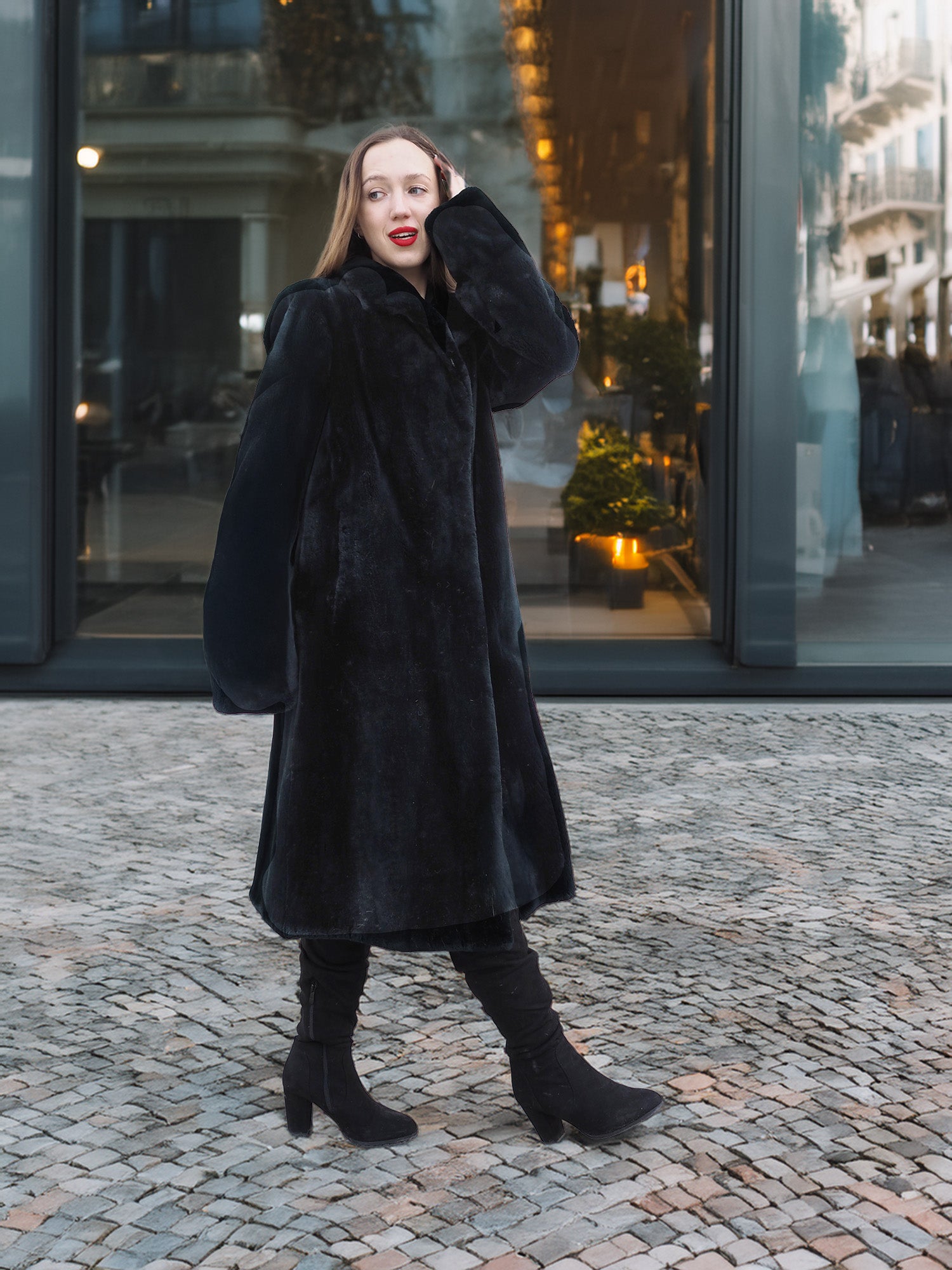 Model walking in Sheard Deep Emerald Green Mink Fur Coat M Excellent, styled with black boots for a refined winter outerwear look.