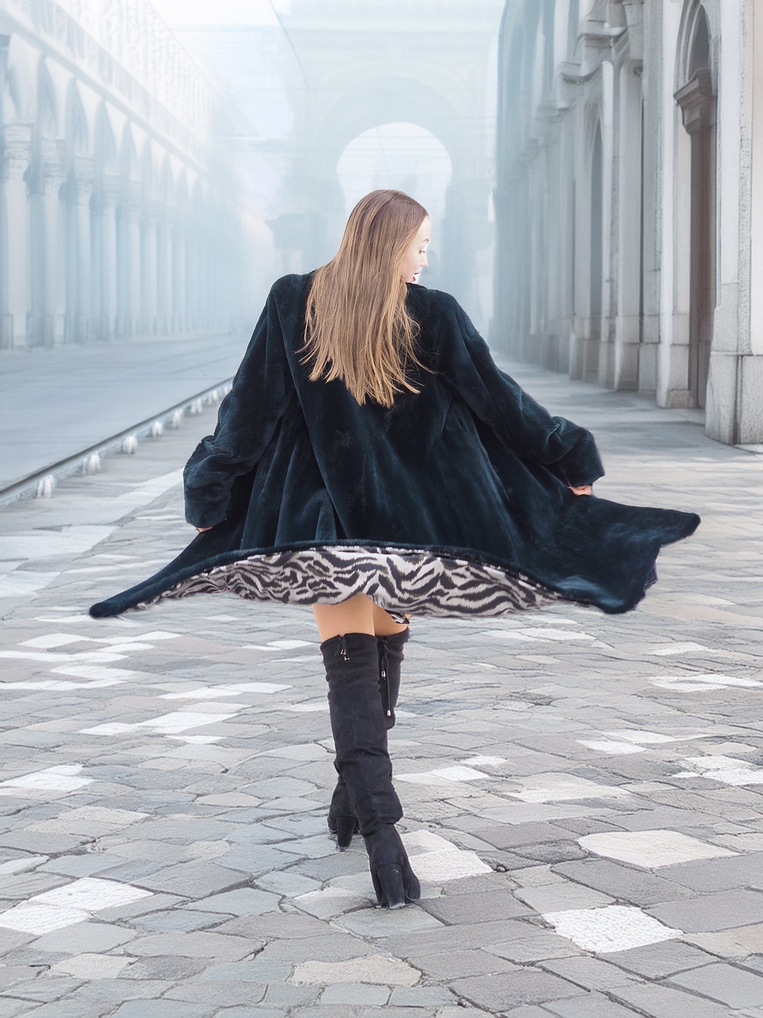 Back view of Sheard Deep Emerald Green Mink Fur Coat M Excellent in motion, revealing zebra-print lining and full-length fur elegance for winter fashion.