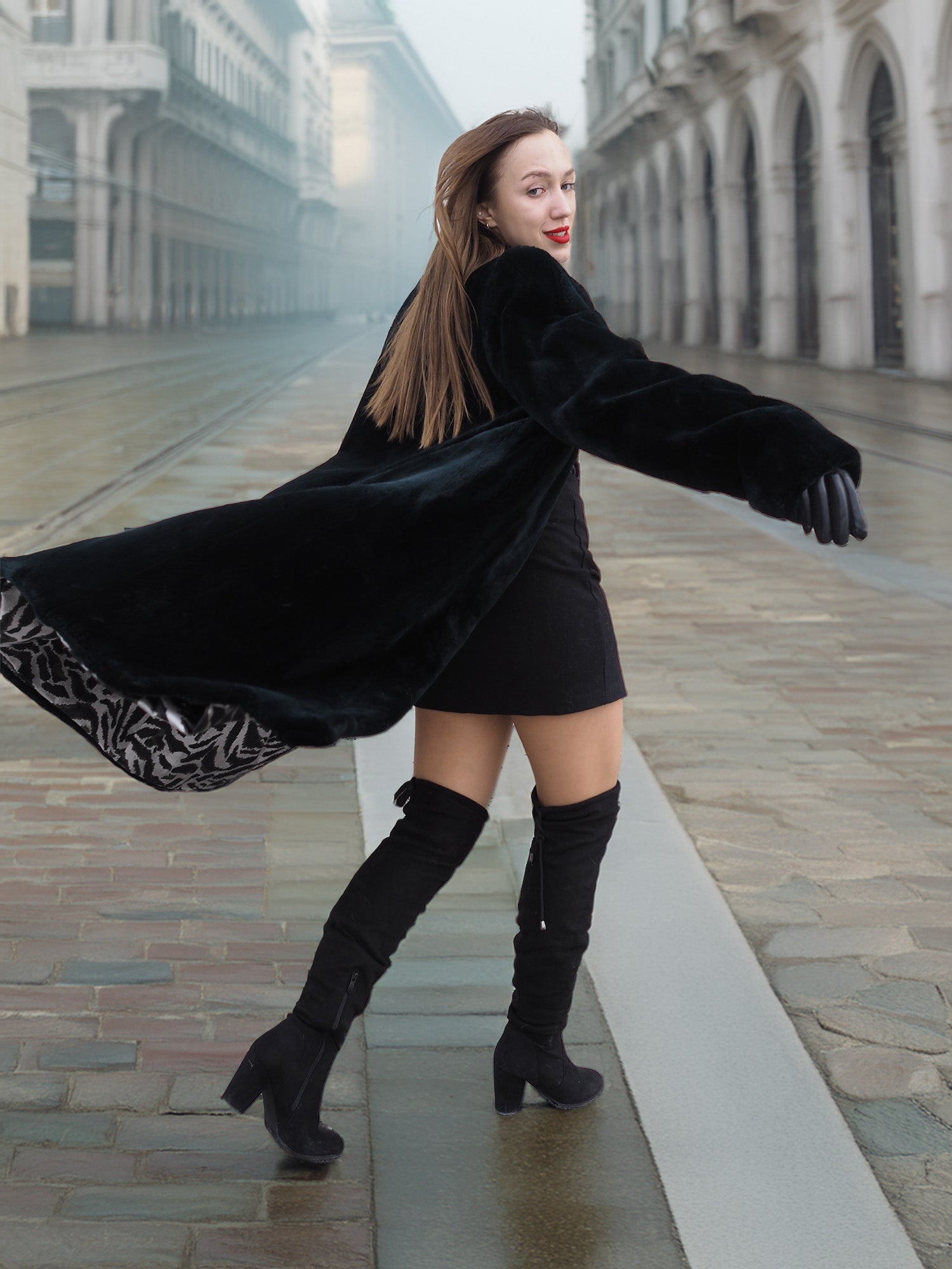 Model twirls in Sheard Deep Emerald Green Mink Fur Coat M Excellent, revealing zebra-print lining and dynamic fur fashion for winter.