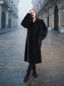 Sheard Deep Emerald Green Mink Fur Coat M Excellent styled on cobblestone street, showcasing full-length luxurious fur outerwear for winter fashion.
