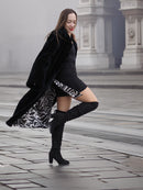 Sheard Deep Emerald Green Mink Fur Coat M Excellent styled with thigh-high boots, revealing zebra-print lining for a chic winter fashion look.