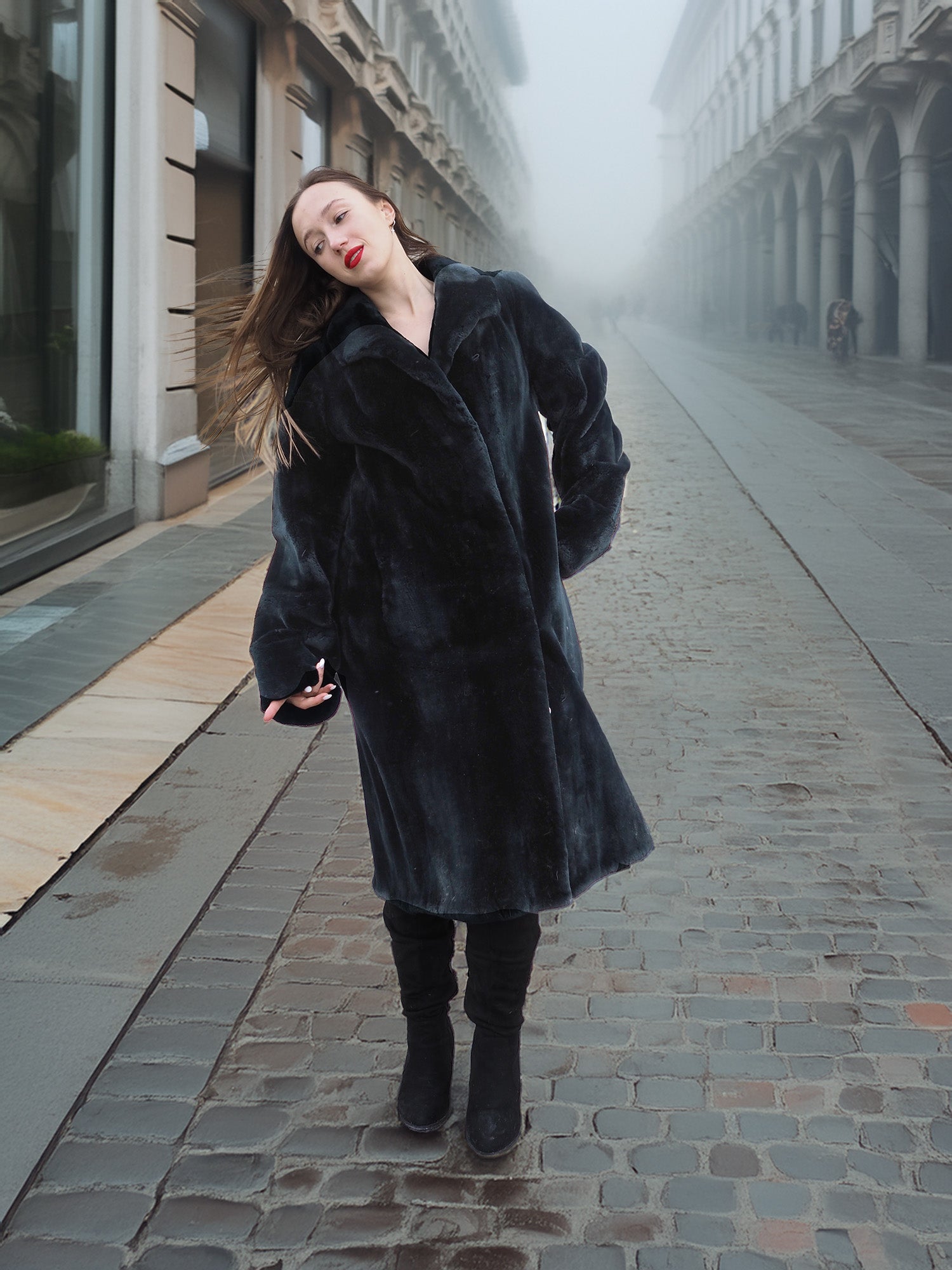 Sheard Deep Emerald Green Mink Fur Coat M Excellent styled on cobblestone street, perfect for luxury winter outerwear and real fur fashion.