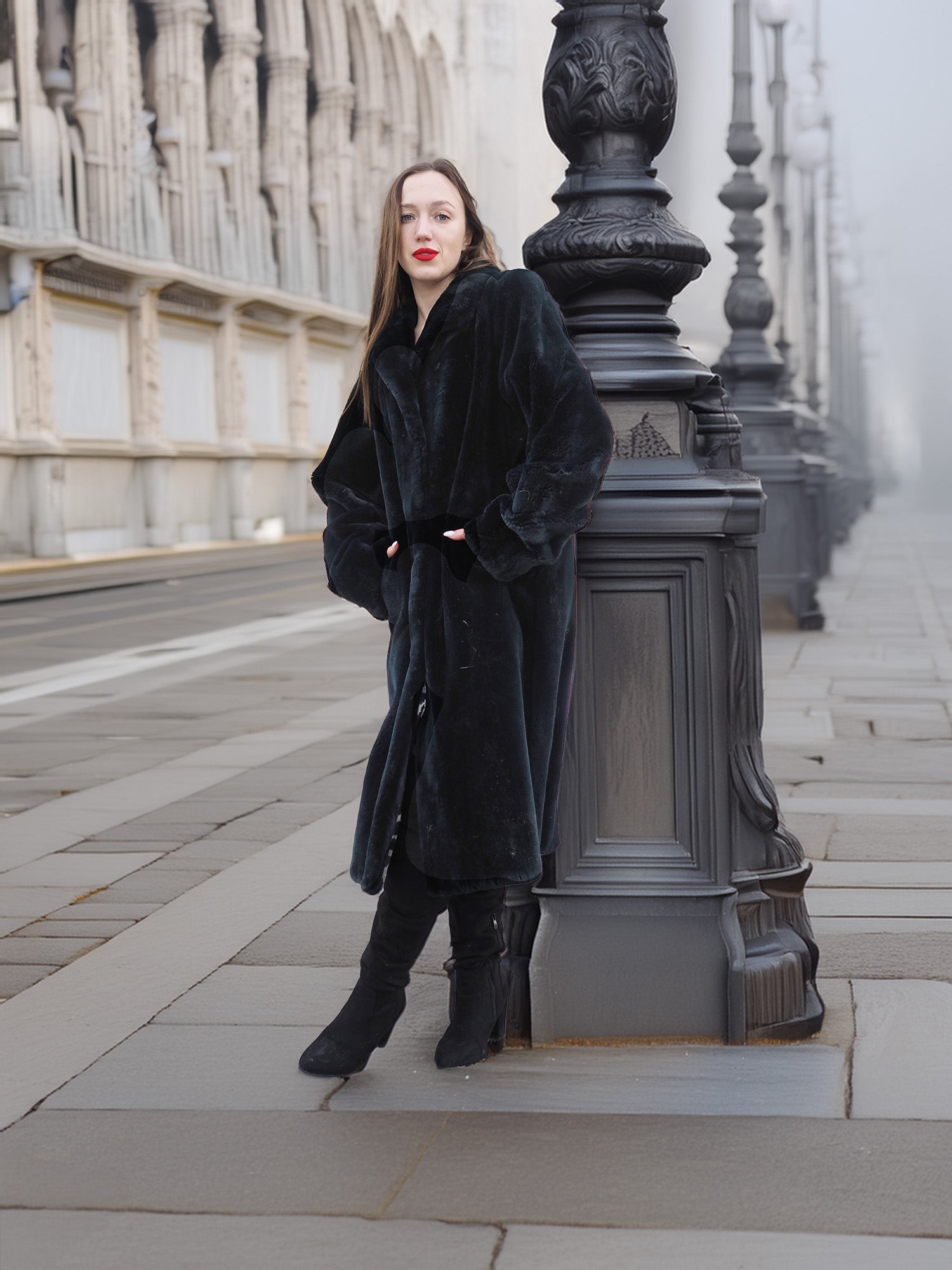 Model leans on lamp post in Sheard Deep Emerald Green Mink Fur Coat M Excellent, showcasing cozy and stylish fur coat for cold-weather luxury wear.