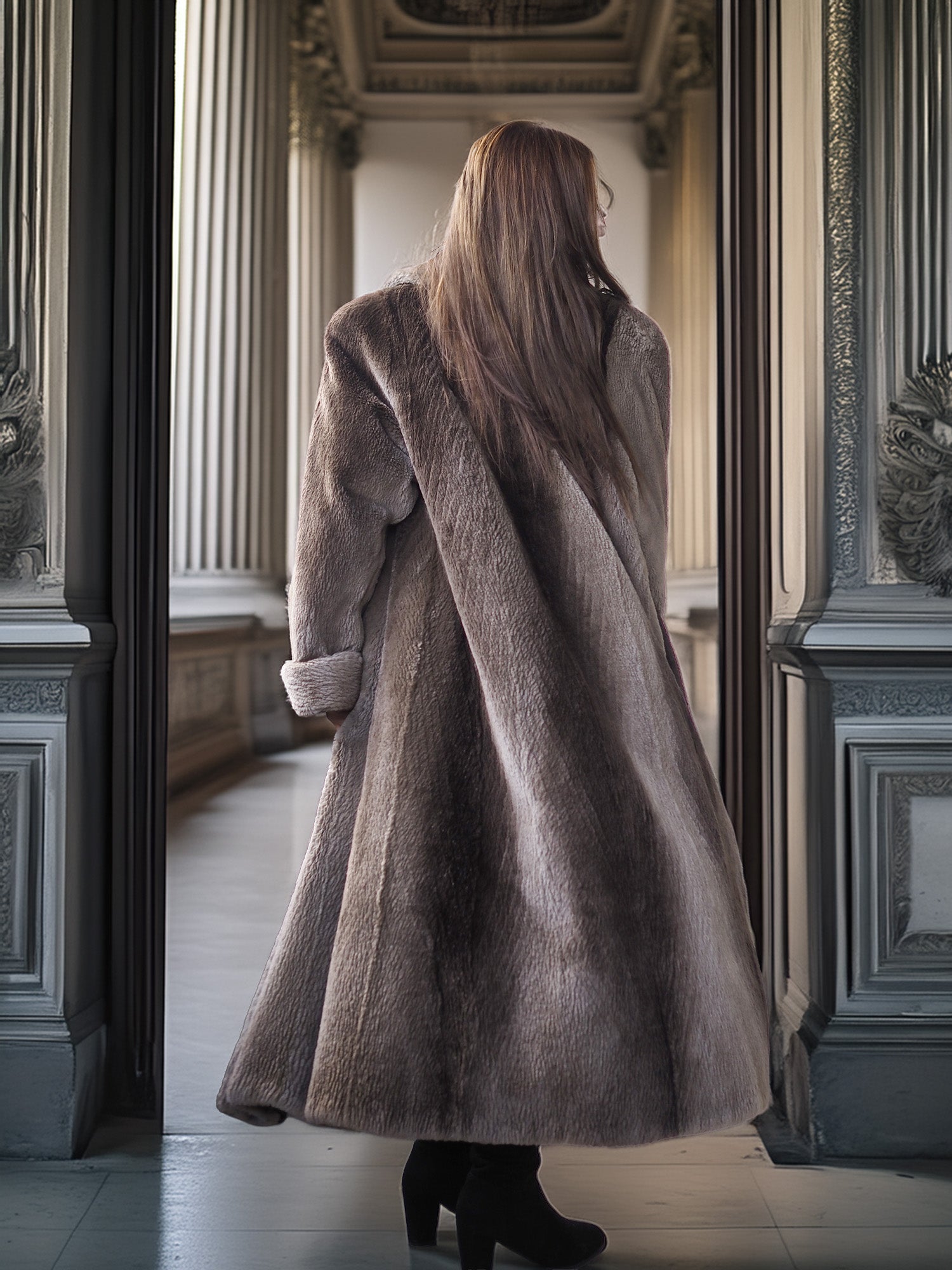 Person wearing a long fur coat standing in an ornate hallway