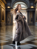 Woman in a long fur coat standing in an elegant hallway with classical architecture.