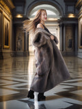 Woman in a long fur coat standing in an elegant hallway with classical architecture.