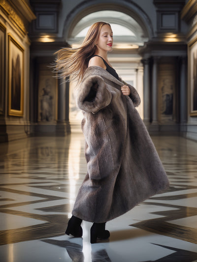 Woman in a long fur coat standing in an elegant hallway with classical architecture.