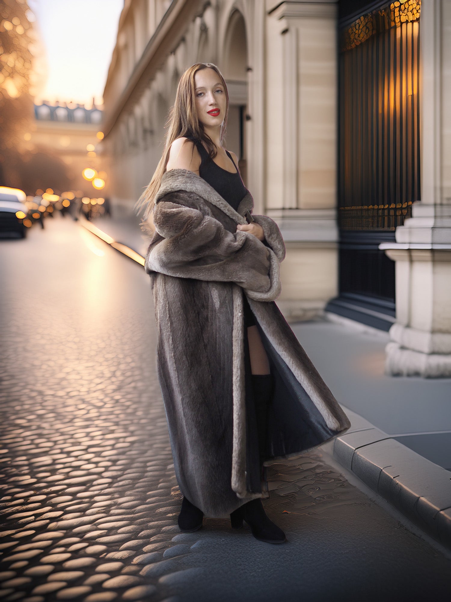 Woman in a long fur coat standing on a city street with classical architecture.