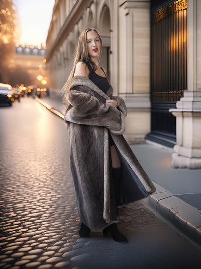 Woman in a long fur coat standing on a city street with classical architecture.