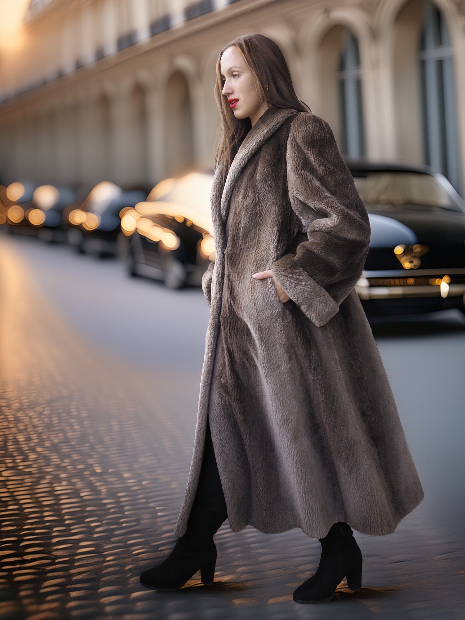 Woman in a long coat walking on a city street with cars in the background